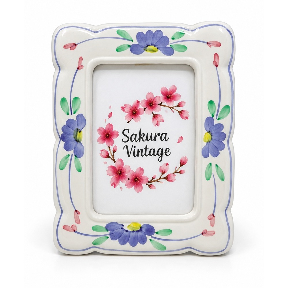 Hand Painted Porcelain 5x7 Picture Frame Blue Floral Scalloped Tabletop Cottage